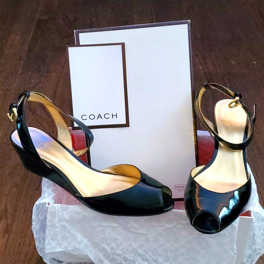 Coach MacKenzie Soft Black Patent Leather Open Toe and Ankle Strap Sandals